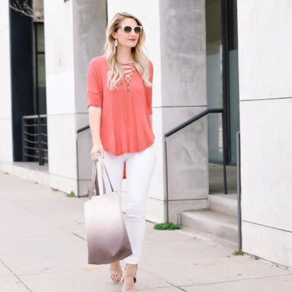 Lush Tops - Lush | Coral Lace Up High-Low Tunic